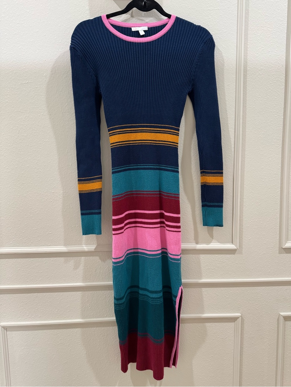GB Ribbed Bodycon Sweater Dress M Colorblock Stripe Long Sleeve Midi